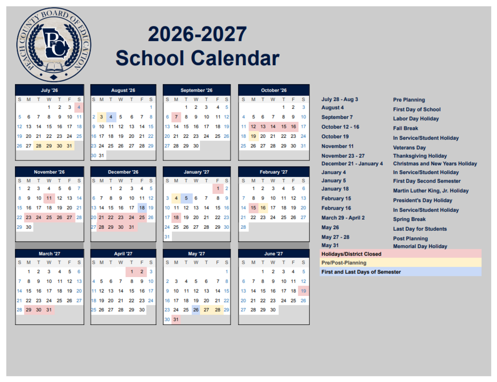 2026-2027 School Calendar for Peach County Schools