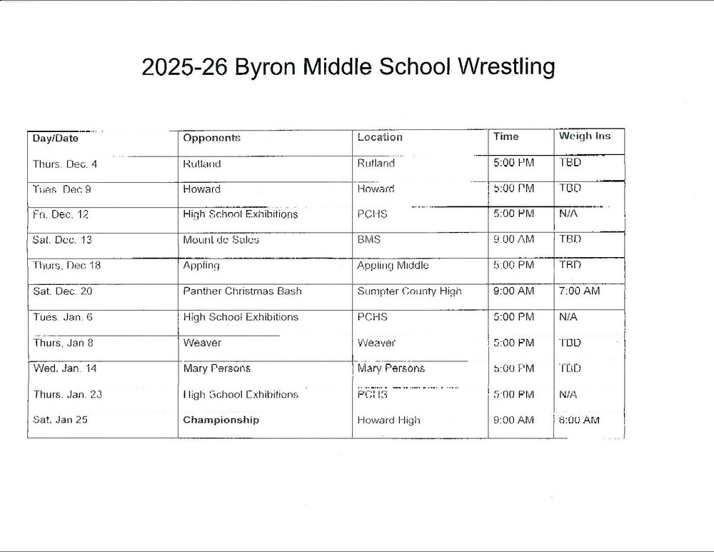BMS Wrestling Schedule