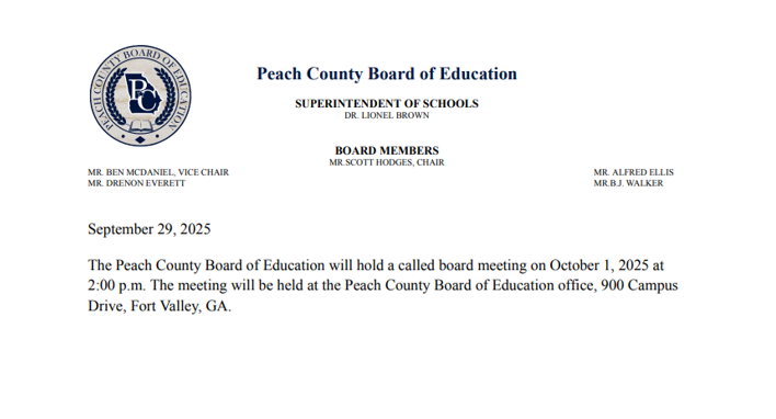 Peach County Board of Education Called Board Meeting