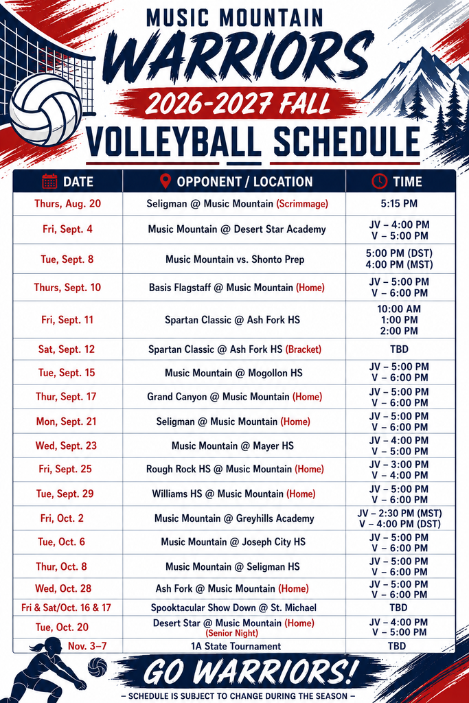 2026β2027 Music Mountain Warriors Fall Volleyball Schedule with game dates, opponents, locations, and times.