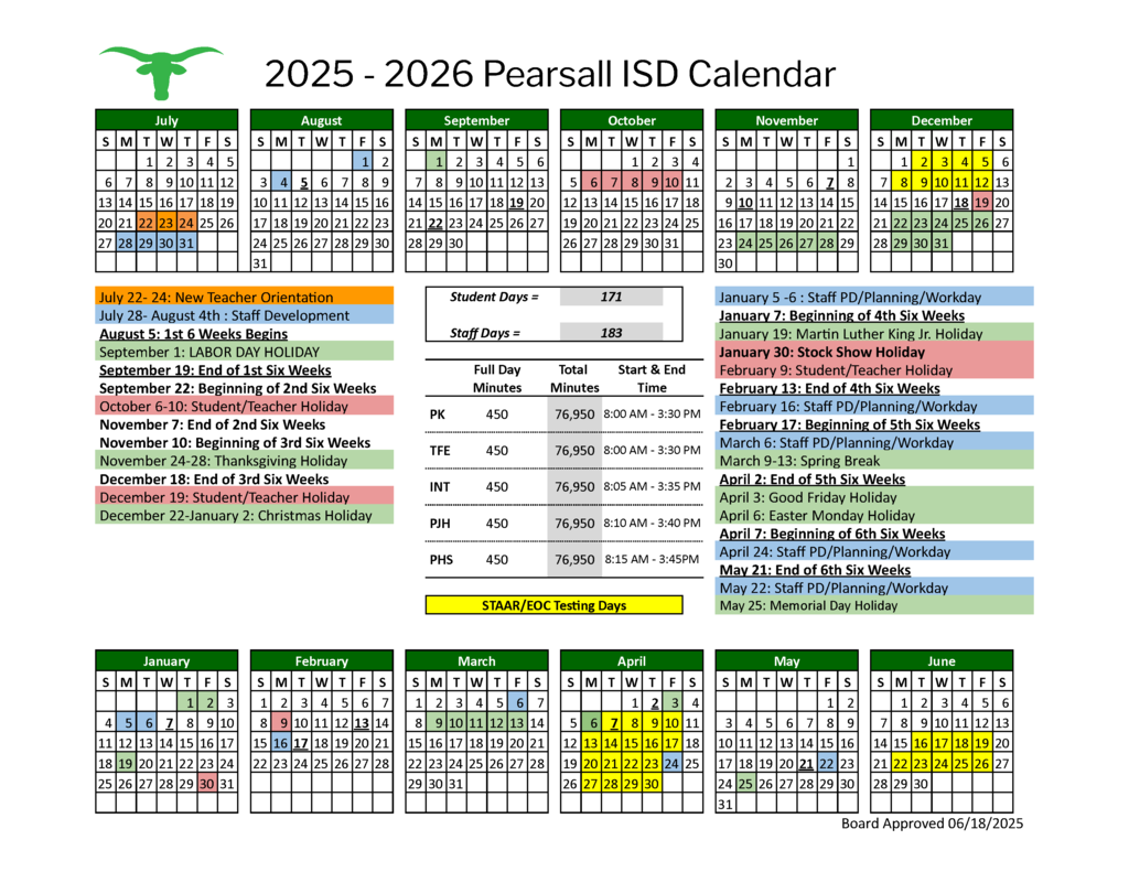 2025-2026 Pearsall ISD Calendar