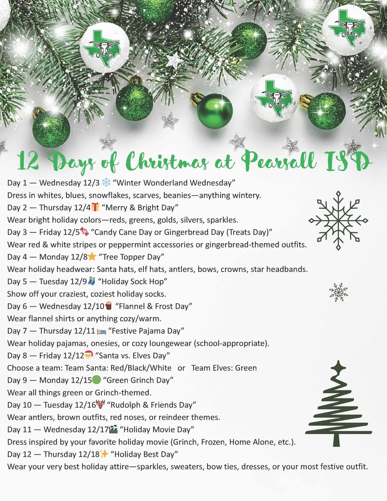 12 Days of Christmas at Pearssall ISD dress up days flyer