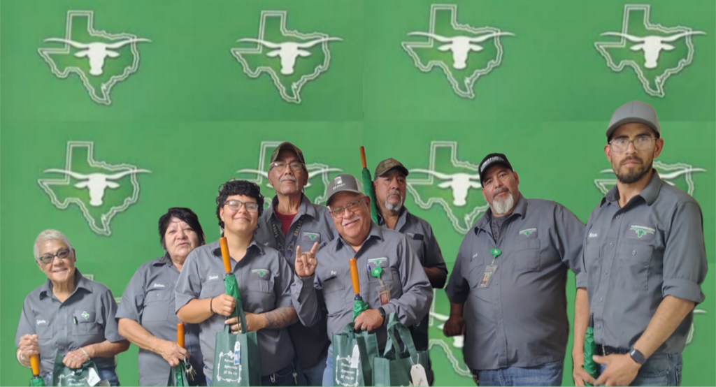 Maintenance department staff collage on a green background of the Pearsall ISD logo of a white outline of a longhorn head over the shape of the state of Texas