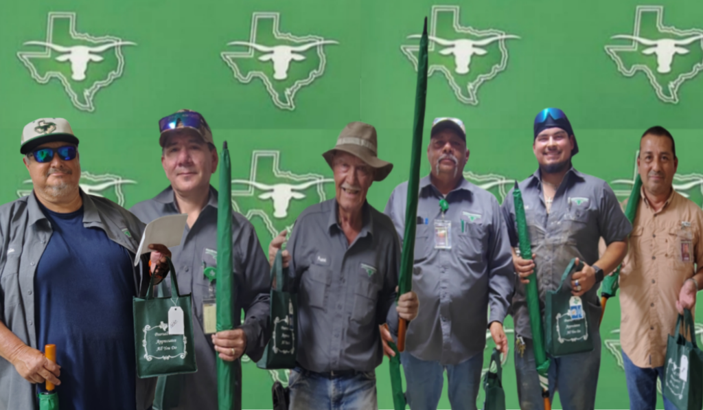 Maintenance department staff collage on a green background of the Pearsall ISD logo of a white outline of a longhorn head over the shape of the state of Texas