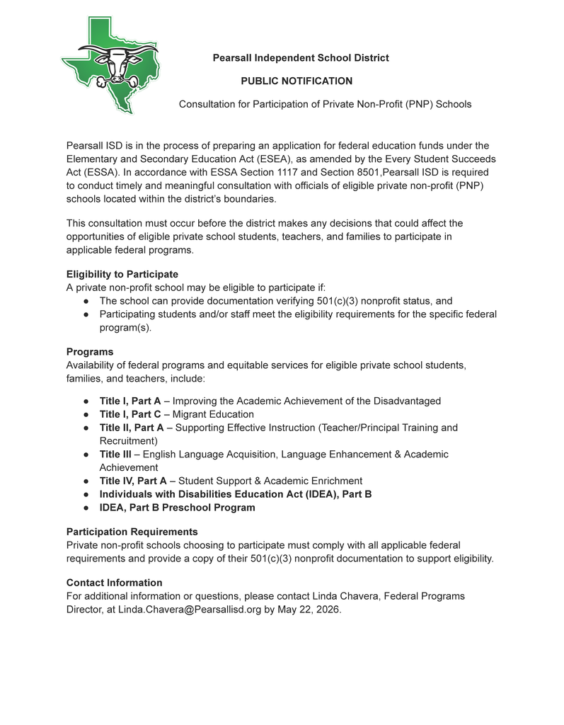 Public Notification of Consultation for Participation of Private Non-Profit Schools