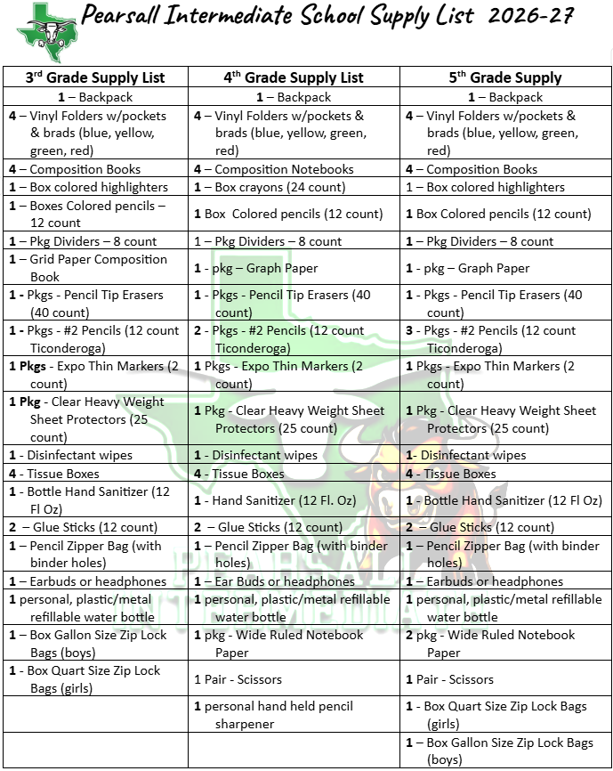 Pearsall Intermediate School Supply List 26-27