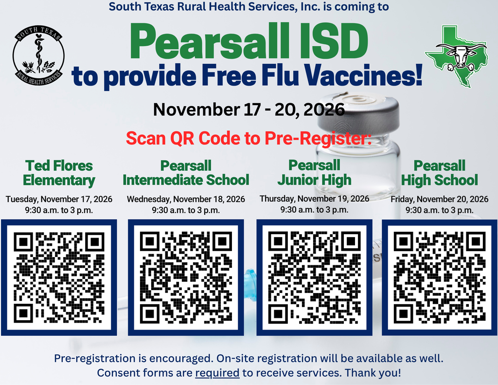 Pearsall ISD to provide free flu vaccines. scan qr code to pre-register.
