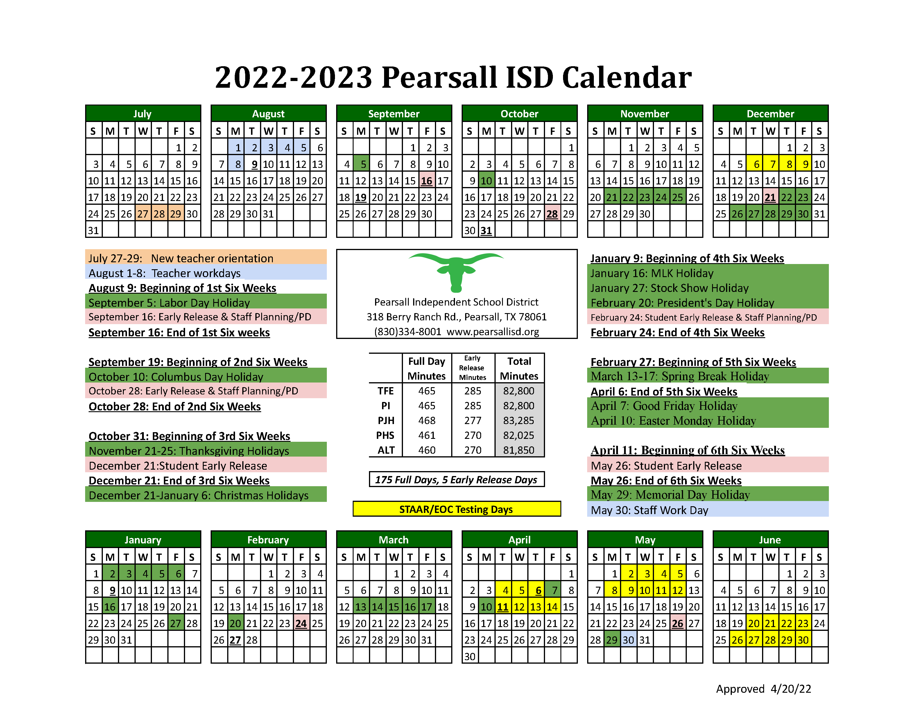 2022-2023 School Year Calendar | Pearsall Independent School District