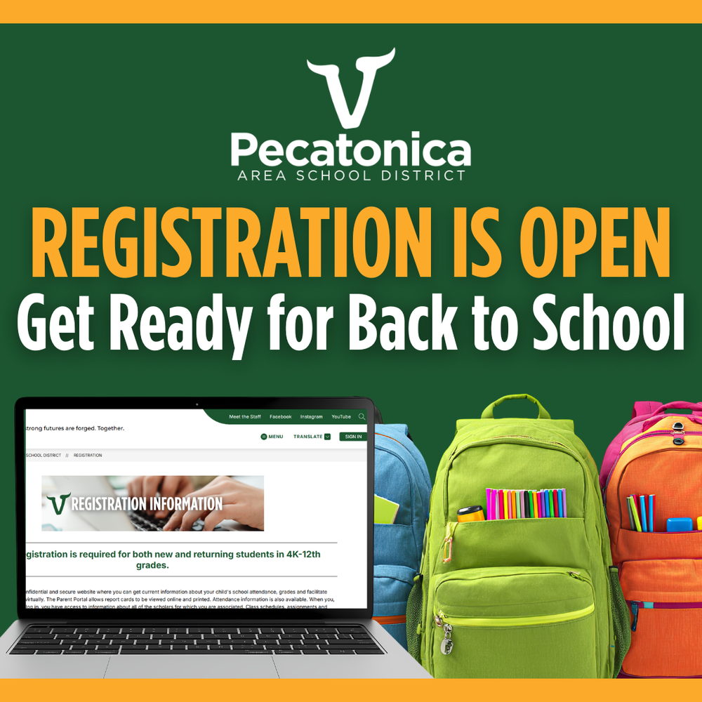 photo with registration text, laptop and backbacks