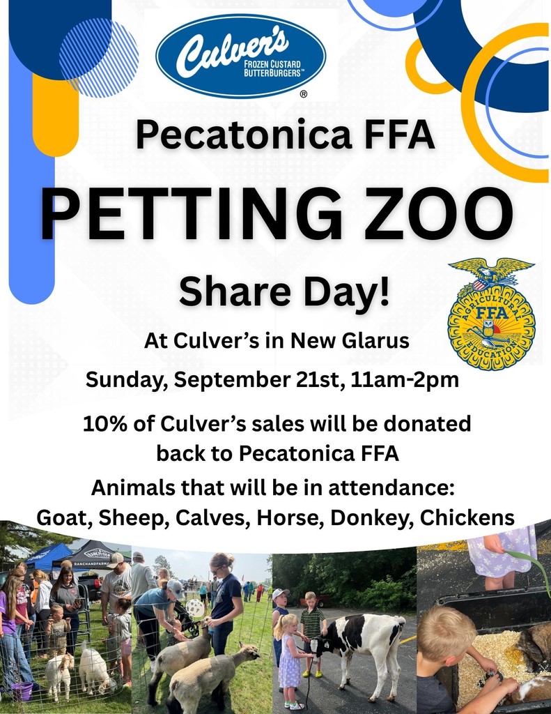 Stop by Culver’s in New Glarus on Sunday, September 21st from 11:00–2:00! 10% of all proceeds will support Pecatonica FFA and help cover travel costs so our students can attend the National FFA Convention.