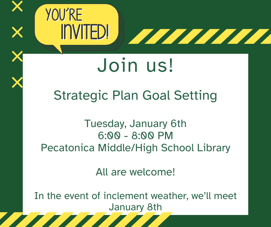 Please join us for our next strategic planning night. It will be held on Tuesday, January 6th starting at 6PM in the Middle School/High School Library.  In the event of inclement weather, the meeting will be rescheduled for Thursday, January 8th.