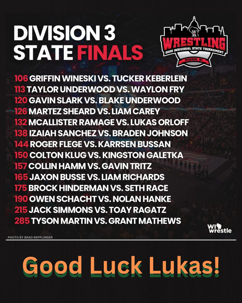 Lukas Orloff is vying for the #132 Division 3 State Title tonight at 5:30.