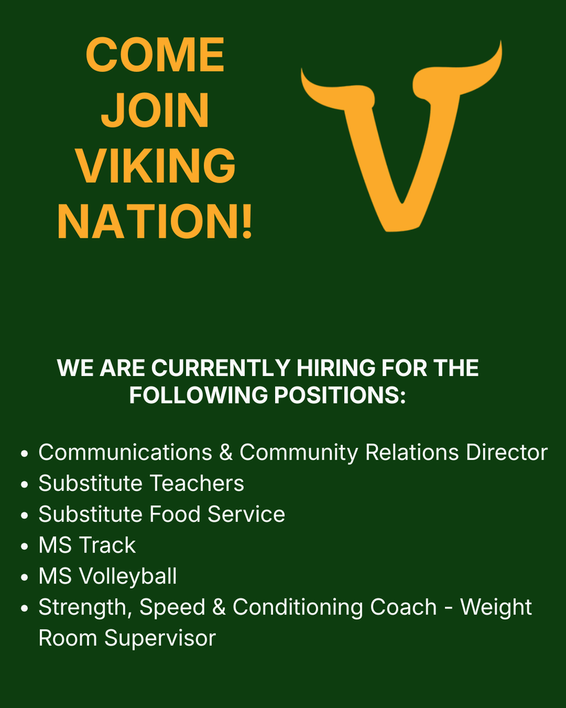 Come join Viking Nation! Pecatonica Area School District is currently hiring for the following positions: • Communications & Public Relations Director • Substitute Teachers • Substitute Food Service • Middle School Track Coach • Middle School Volleyball Coach • Strength, Speed & Conditioning Coach / Weight Room Supervisor