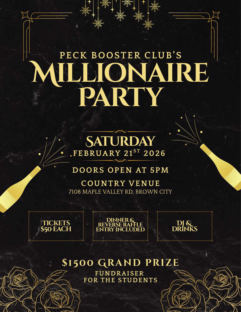 Announcement for the Athletic Boosters' Millionaire Party on Saturday 2/21/26  at 5 pm