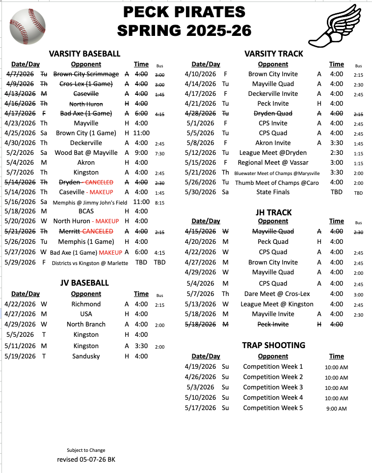 Spring Sports Schedules