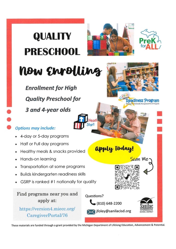 Preschool for all flyer.  Opening still available