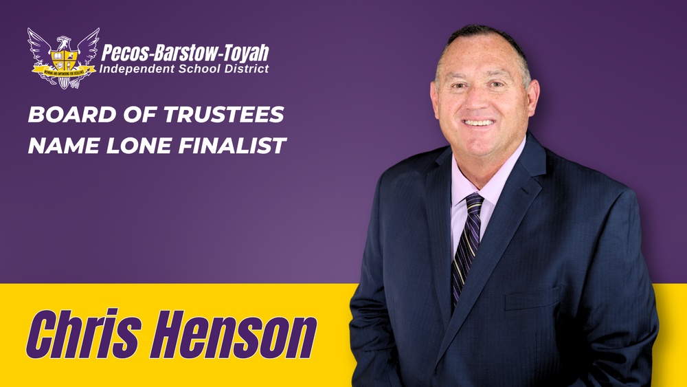 Chris Henson in front of a purple and yellow background with text "Board of Trustees Name Lone Finalist" and "Chris Henson".
