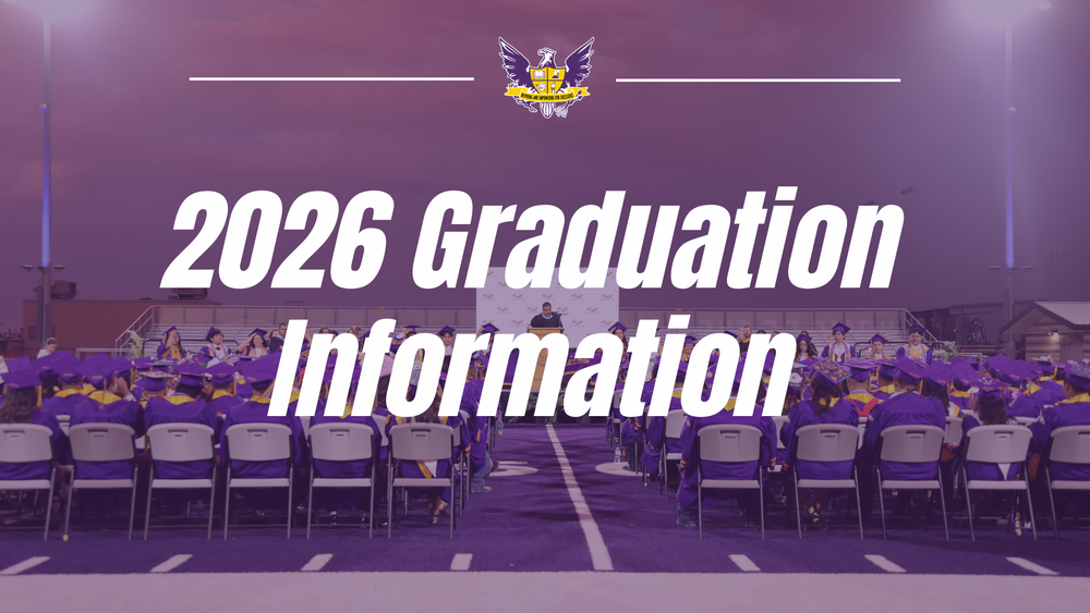 2026 Graduation Information displayed on large screen, with purple lighting and rows of chairs in front.