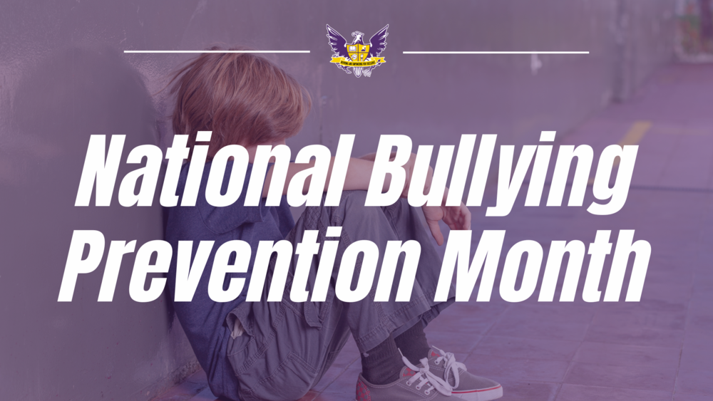 The image displays the text "National Bullying Prevention Month" and depicts a person with their head lowered, which suggests a somber or thoughtful mood.