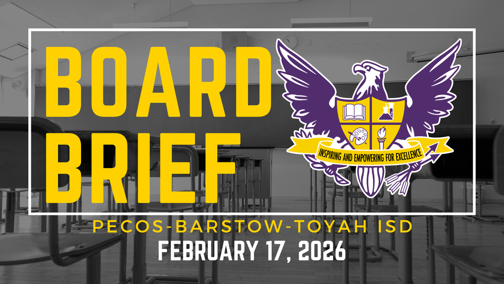 Image: rows of desks in a classroom text: board brief pecos-barstow-toyah isd february 17 2026