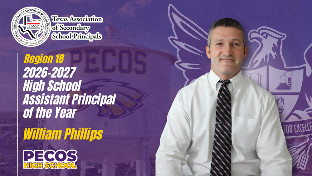The image shows a man wearing a white collared shirt, tie, and suit jacket, standing in front of a purple background with a school logo. The text on the image identifies him as William Phillips, the 2026-2027 High School Assistant Principal of the Year for Region 18.