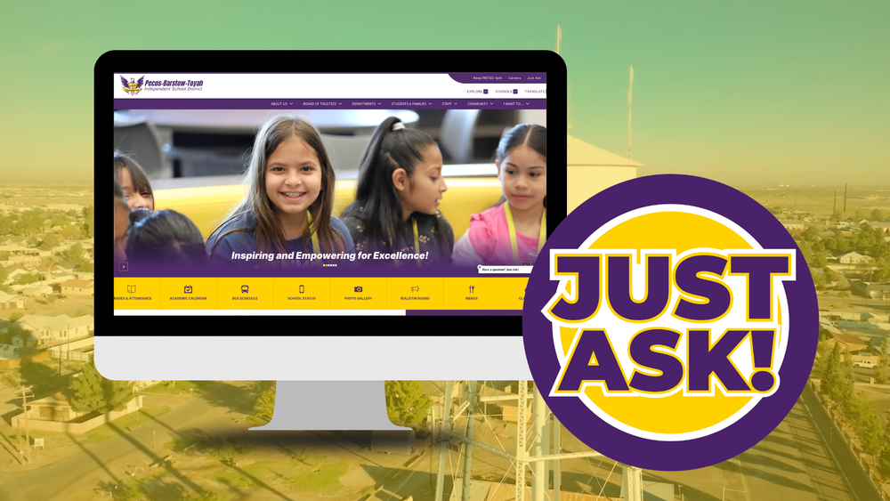 A computer screen displays a pbtisd.net homepage with the "Just Ask!" chatbot logo overlaid the pecos watertower.