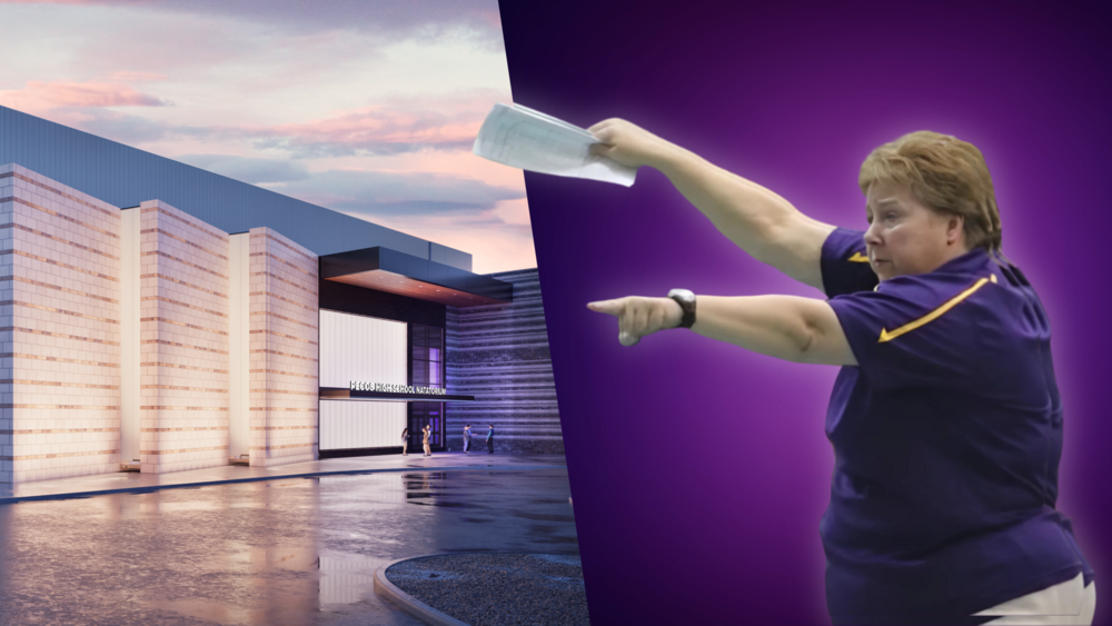 image of the late coach terri morse next to new phs natatorium rendering