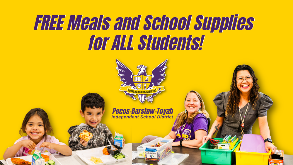header of "Free Meals and School Supplies for ALL Students!" With two elementary students shown eating lunch with a smile and two elementary teachers posing with school supplies laid out on a table.