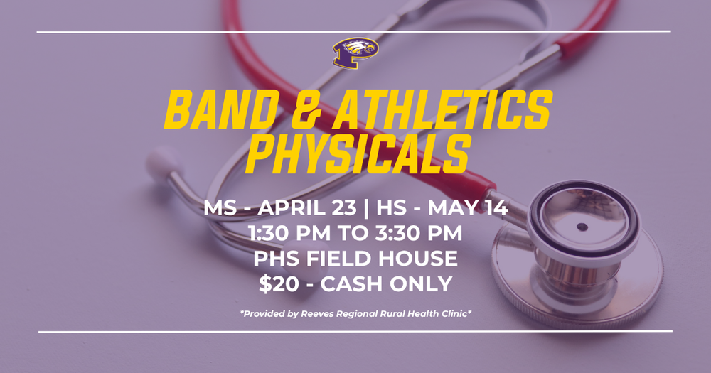 Poster advertising "Band & Athletics Physicals" event. Includes date, time, location, and cost details. Purple background with medical stethoscope icon and yellow text.