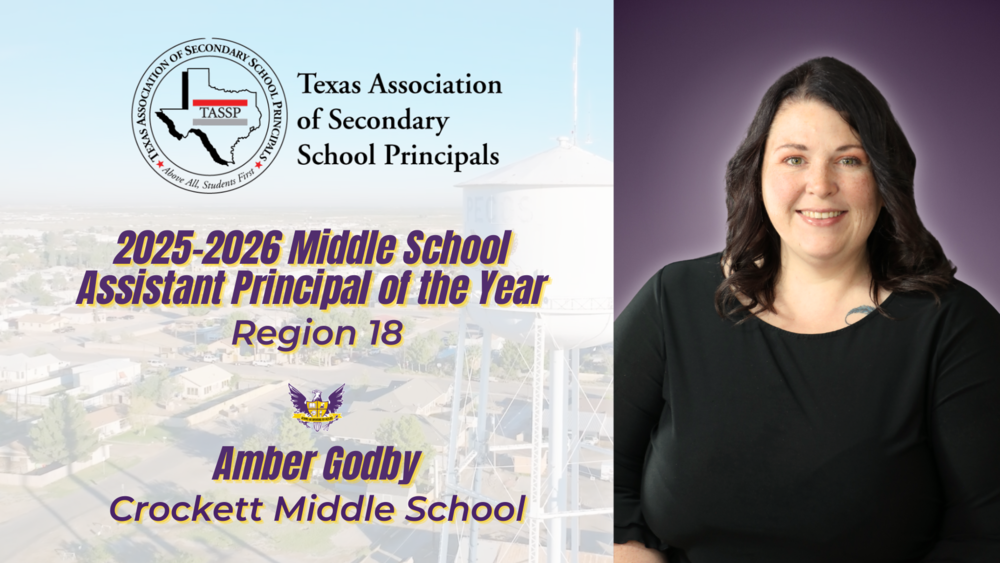 image: headshot of amber godby with background of pecos water tower text: 2025-2026 middle school assistant principal of the year Region 18