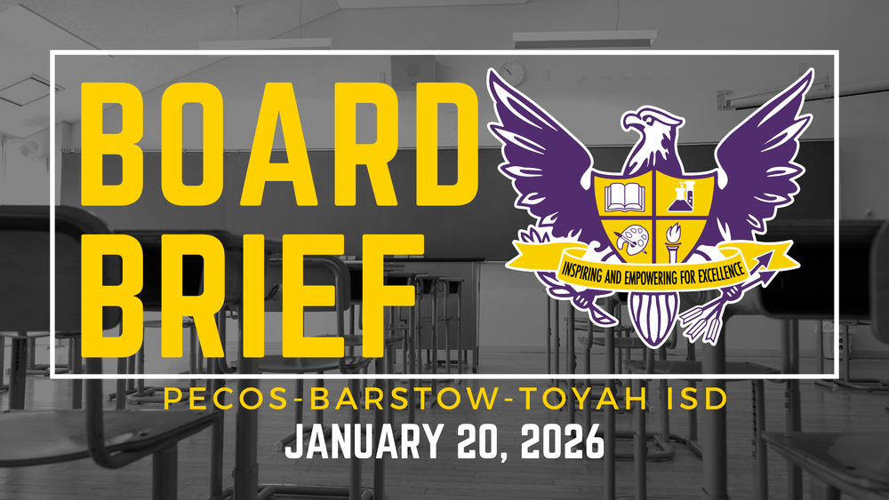 Image: rows of desks in a classroom text: board brief pecos-barstow-toyah isd january 20 2026