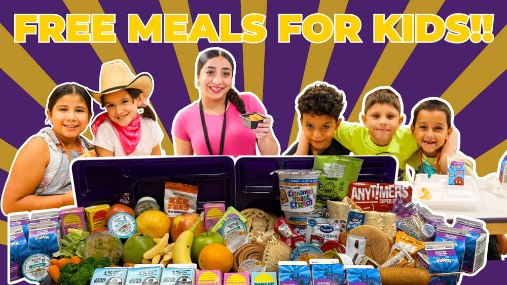 Colorful image featuring six smiling children surrounded by various food items, including fruits, vegetables, and packaged goods, with the text "FREE MEALS FOR KIDS!!" prominently displayed.