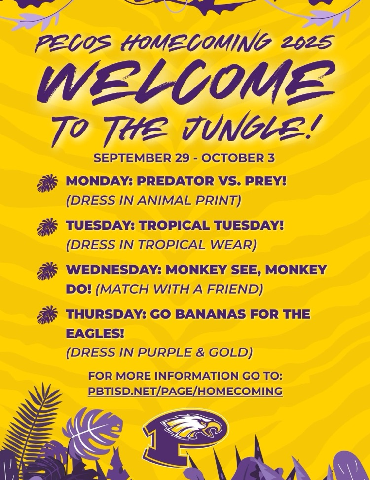 A colorful yellow and purple flyer for PBTISD Homecoming 2025 with jungle theme titled “Welcome to the Jungle!” It has purple jungle accents. The dress up days are from September 29 to October 3 and features themed dress-up days!