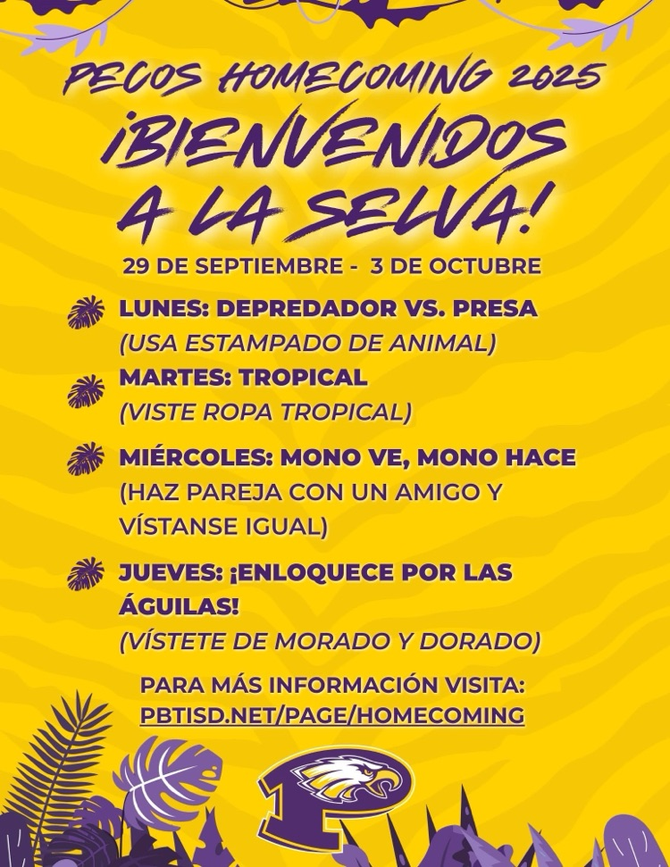 A colorful yellow and purple flyer for PBTISD Homecoming 2025 with jungle theme titled “Welcome to the Jungle!” It has purple jungle accents. The dress up days are from September 29 to October 3 and features themed dress-up days!