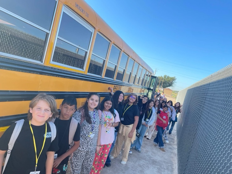 Students are lined up by the yellow school bus, smiling.