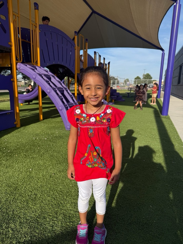 A girl standing in front of a playground with a red dress, smiling.