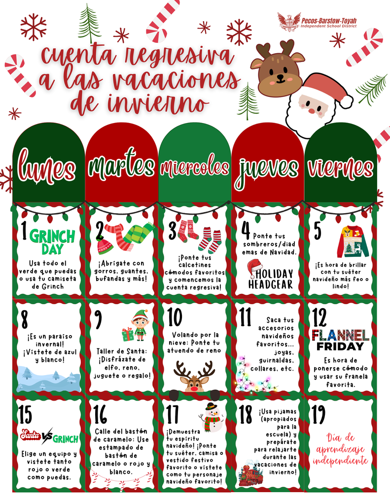 Countdown to Winter Break calendar with winter icons, snowflakes, and text describing daily activities leading up to the winter break.