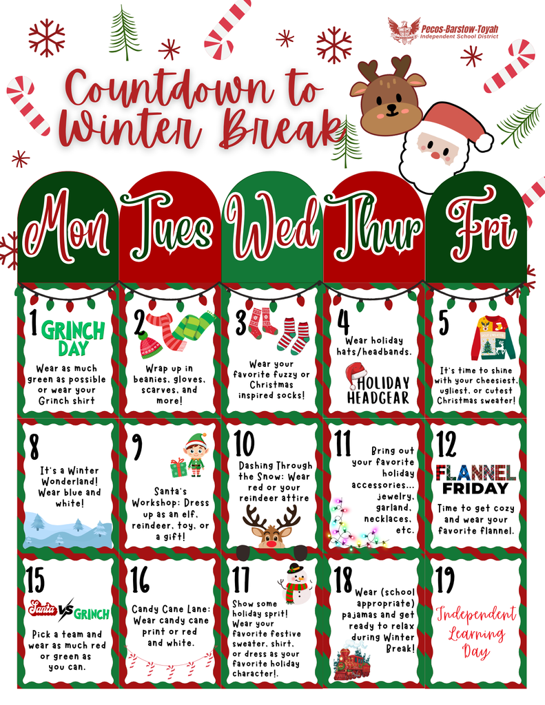 Countdown to Winter Break calendar with winter icons, snowflakes, and text describing daily activities leading up to the winter break.