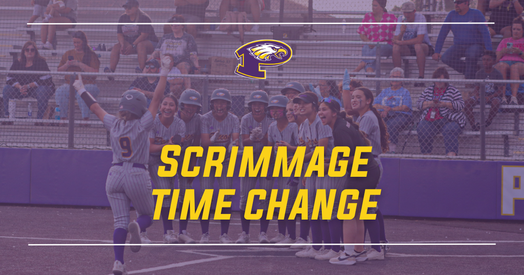 text: scrimmage time change photo: softball team welcoming teammate at home plate