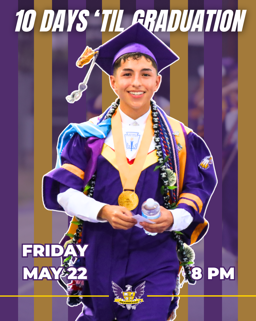 A student in graduation regalia holding a medal and diploma, with "10 DAYS 'TIL GRADUATION" text below.