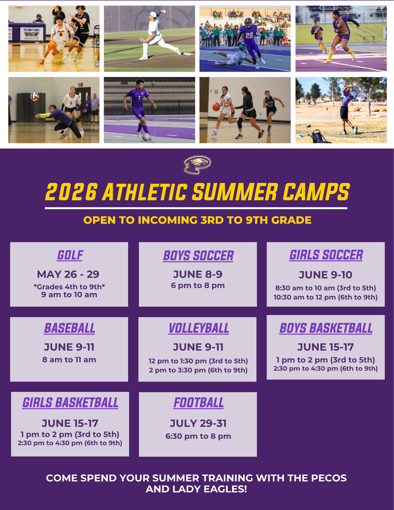 2026 Athletic Summer Camps schedule for various sports, including golf, soccer, volleyball, basketball, and football, open to incoming 3rd to 9th grade students.