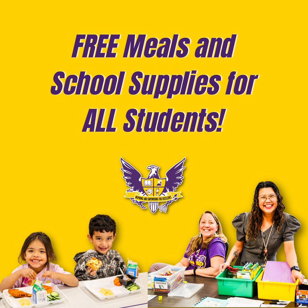 Free Meals and School Supplies for ALL Students! Two students at lunchtime and two teachers posing with school supplies set on the table.
