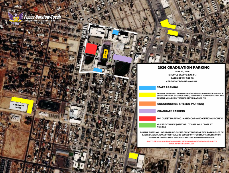 Aerial view of a Pecos with labeled parking areas for 2026 graduation ceremony. Includes start, reserved, ADA, and other parking designations.