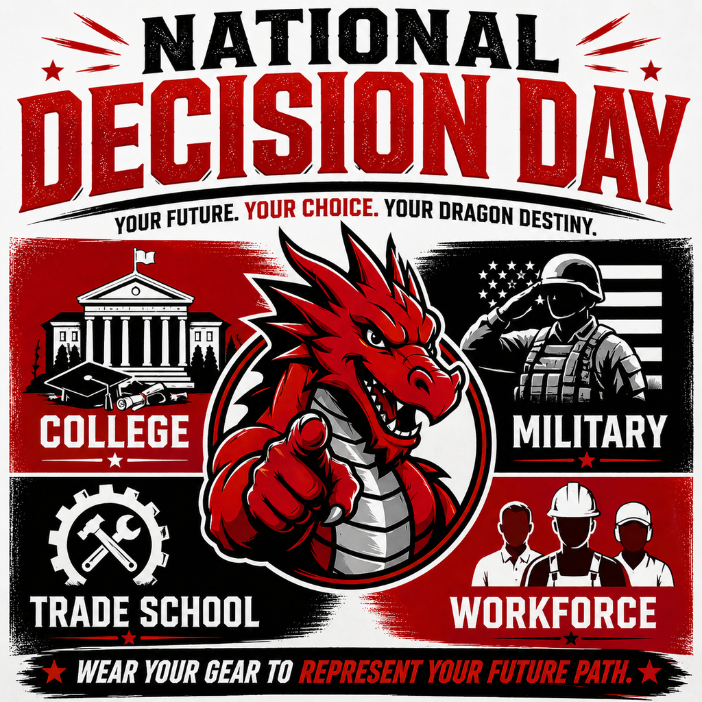 Attention Seniors,   Tomorrow is National Decision Day.  Wear a shirt showing your next step.  It can be college, trades, military, or your workplace.  Be proud of your path because we're proud of you!​