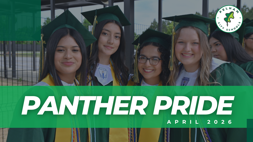 Panther Pride title slide includes four female graduates with cap and gowns on