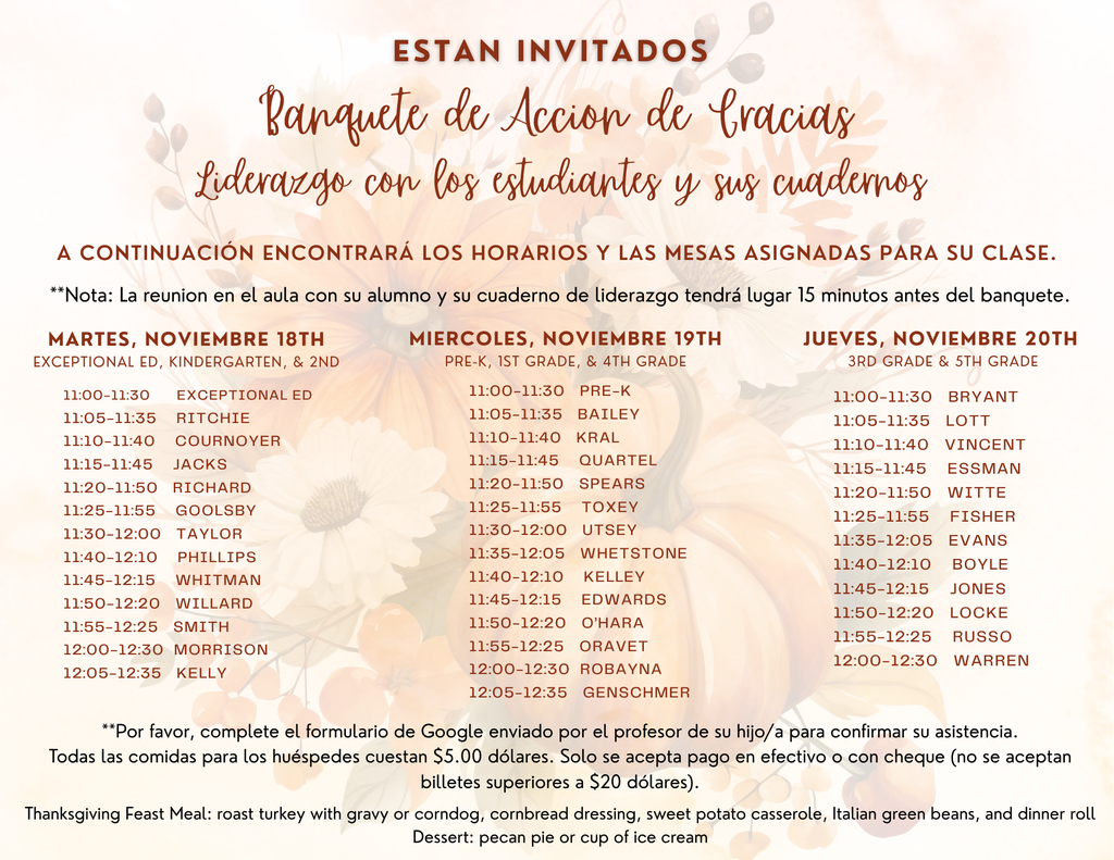 2025 Thanksgiving Feast dates and times (Spanish)