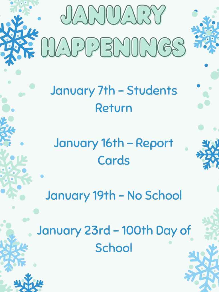 A list of important January dates with a snowflake border.