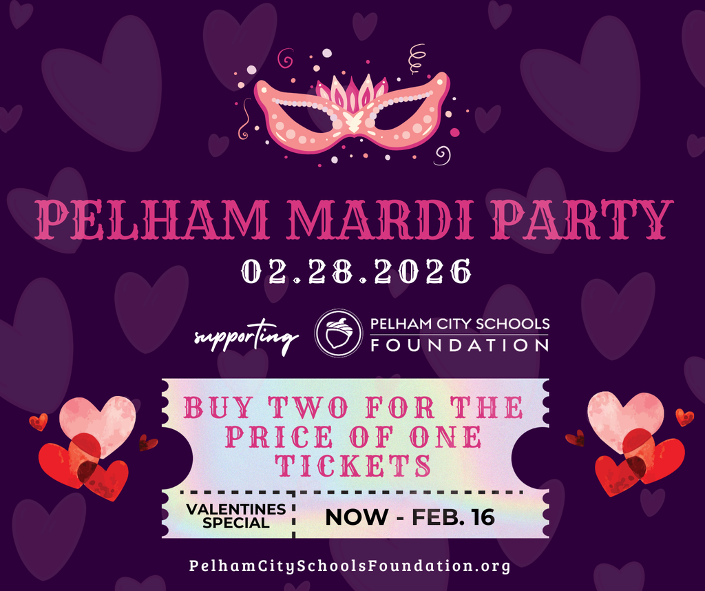Valentines hearts and mardio gras graphic for promotion of Mardi Party event.