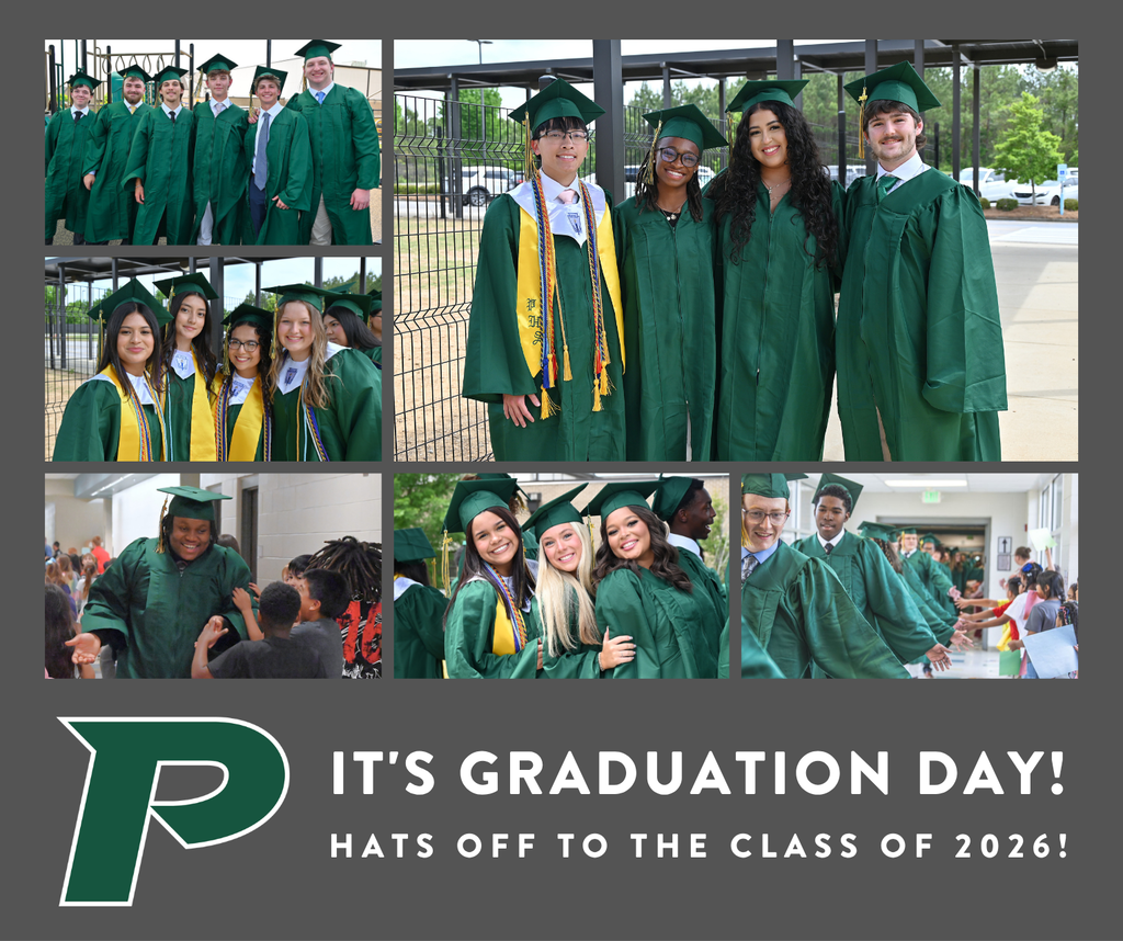 Collage of Pelham High school seniors in green caps and gowns