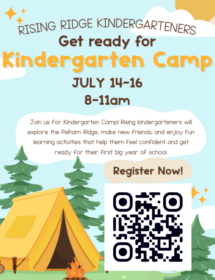 Flyer for Kindergarten Camp 2026 with QR registration code